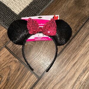 Black Sequin Mouse Ears Headband with Red Bow